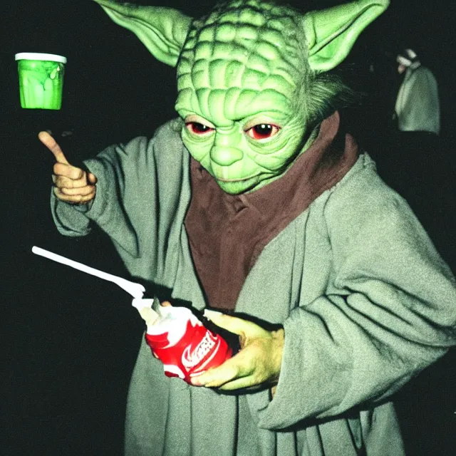 Prompt: disposable camera photo of yoda snorting a line of coke in a dark nightclub bathroom, taken with flash on