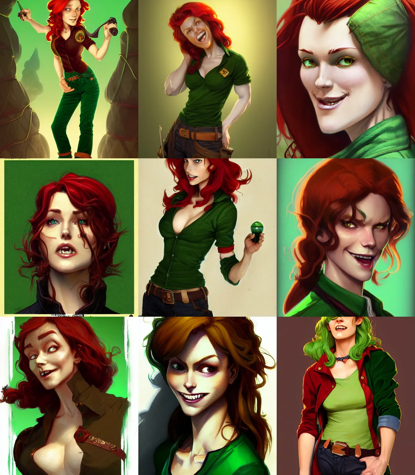 Prompt: rogue Wendy Corduroy in the green shirt, hourglass slim figure, red-ginger hair and attractive features, dungeons and dragons portrait, seductive smile, highly detailed, digital painting, artstation, concept art, gravity falls, sharp focus, illustration, art by artgerm and greg rutkowski and alphonse mucha