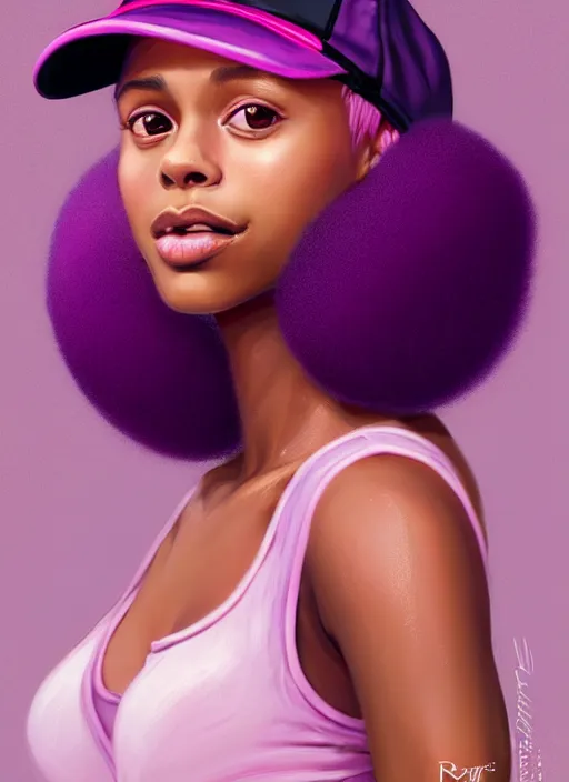 Image similar to portrait of vanessa morgan, black teenage girl, pink hair, wavy pixie haircut, purple newsboy cap, fluffy pink hair coming out from under cap, hoop earrings, subtle confident smile, intricate, elegant, glowing lights, highly detailed, digital painting, artstation, concept art, sharp focus, illustration, art by wlop, mars ravelo and greg rutkowski