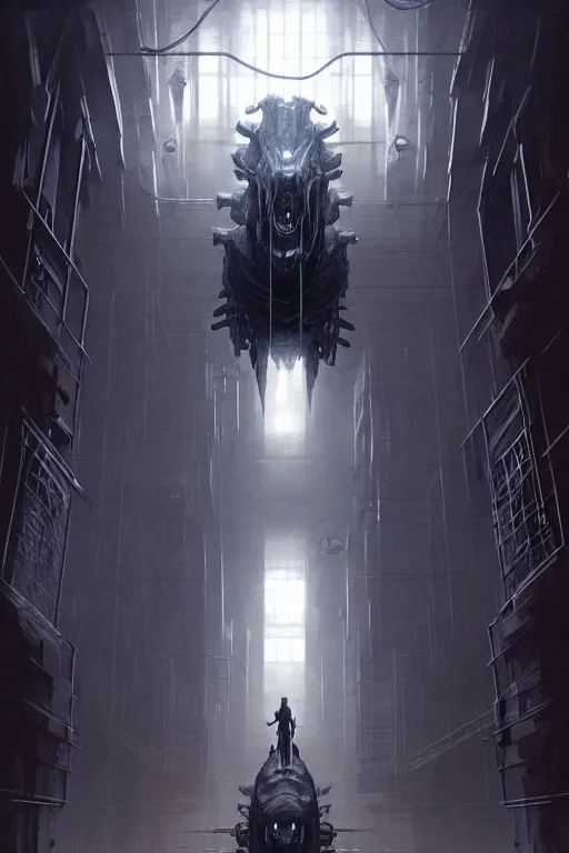 Image similar to professional concept art of a symmetrical! ominous floating mechanical steel terrifying giant monster thing in a dark room by artgerm and greg rutkowski. an intricate, elegant, highly detailed digital painting, concept art, smooth, sharp centred focus, illustration, in the style of cam sykes, wayne barlowe, igor kieryluk.