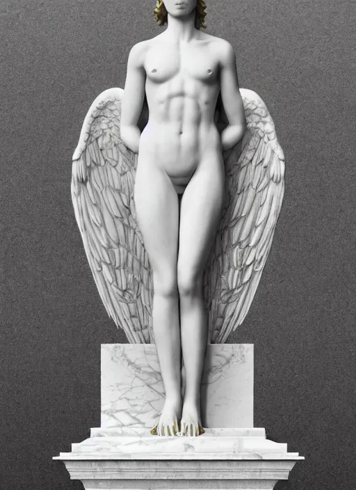 Image similar to a statue made of white marble with gold veins, of an beautiful gorgeous angel girl, full body shot, perfect symmetrical body, perfect symmetrical face, no eyes, hyper realistic, hyper detailed, fujicolor superia 1 6 0 0 photo, by johannen voss, by peter kemp, by monia merlo, by michelangelo octane render, blender, 8 k