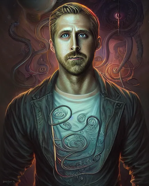 Image similar to lovecraft biopunk portrait of ryan gosling by tomasz alen kopera and peter mohrbacher.