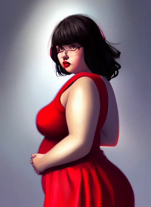 Image similar to full body portrait of teenage veronica lodge, obese, bangs, sultry, realistic, sultry smirk, wavy hair, red skirt, fat, belly, intricate, elegant, glowing lights, highly detailed, digital painting, artstation, concept art, smooth, sharp focus, illustration, art by wlop, mars ravelo and greg rutkowski