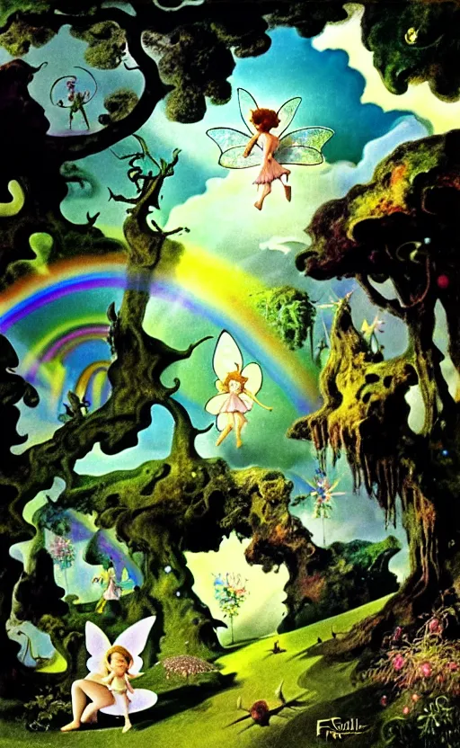 Image similar to small fairies, enchanted forest, small animals, stars in the sky, rainbows, hallucination, psychotropic psychedelic, wide angle shot, white background, vector art, illustration by frank frazetta by salvador dali