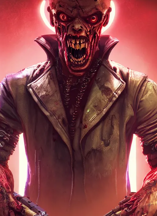 Image similar to cyberpunk portrait of zombie devil from doom, au naturel, hyper detailed, digital art, trending in artstation, cinematic lighting, studio quality, smooth render, unreal engine 5 rendered, octane rendered, art style by pixar dreamworks warner bros disney riot red dead redemption far cry doom cyberpunk 2 0 7 7 riot games and borderlands.