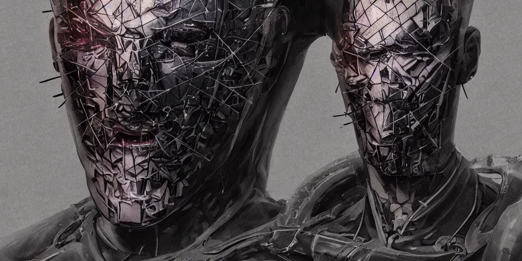 Image similar to realistic futuristic distopic detroy cyberpunk hellraiser tattoo cyborg clean design by apple , character sheet, Greg Rutkowski, Zabrocki, Karlkka, Jayison Devadas, Phuoc Quan, trending on Artstation, 8K, tsutomu nihei, giger , zenith view, pincushion lens effect.