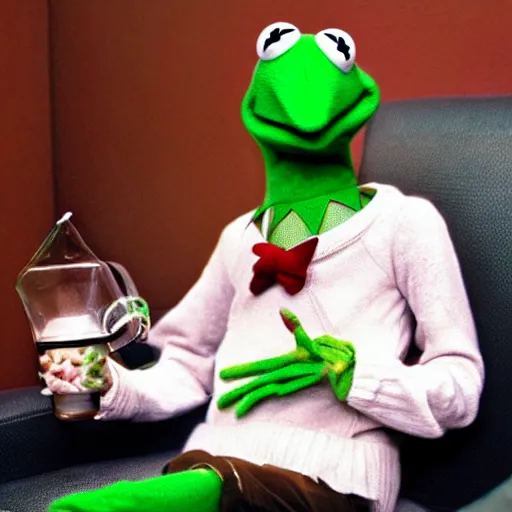 Image similar to candid photo of kermit the frog sitting on the couch smoking out of a bong, ted ( 2 0 1 2 ) bong scene, kermit the frog, high resolution photo, trending on artstation, interior design