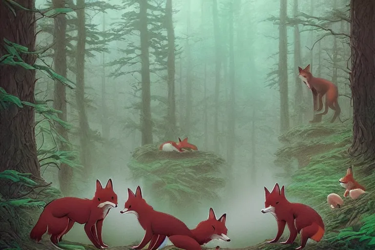 Prompt: Twin Peaks poster artwork by Michael Whelan and Tomer Hanuka, Rendering of a few cute foxes playing in a fairytale forest, by Makoto Shinkai and thomas kinkade, Matte painting, trending on artstation and unreal engine