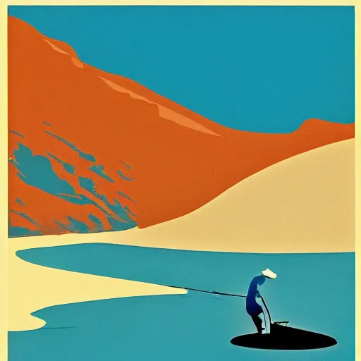 Prompt: eyvind earle desert fishing game big fish sand