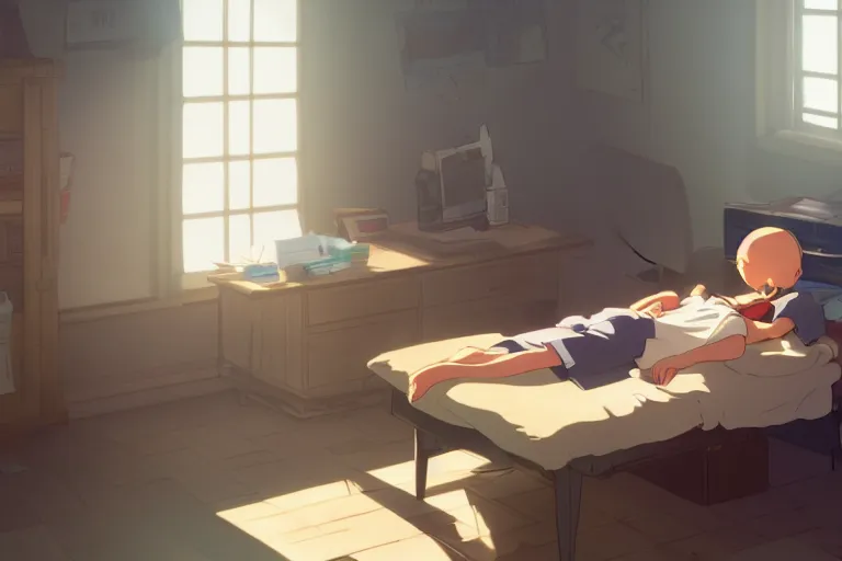 Image similar to a boy sleeping in front of a computer desk, medium shot, waist up, studio ghibli, pixar and disney animation, sharp, rendered in unreal engine 5, anime key art by greg rutkowski, bloom, dramatic lighting