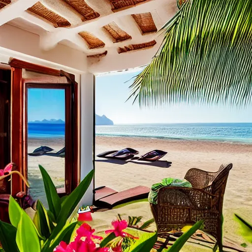 Prompt: bungalow on the Mexican Riviera, ocean breeze, beautiful woman basking in the sun, frozen drink