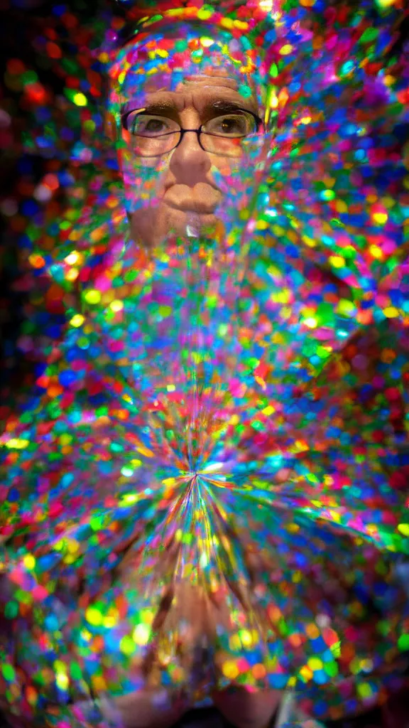 Prompt: a martin parr photo of a prism in front of man's face