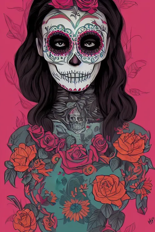 Prompt: illustration of a sugar skull day of the dead girl, art by atey ghailan