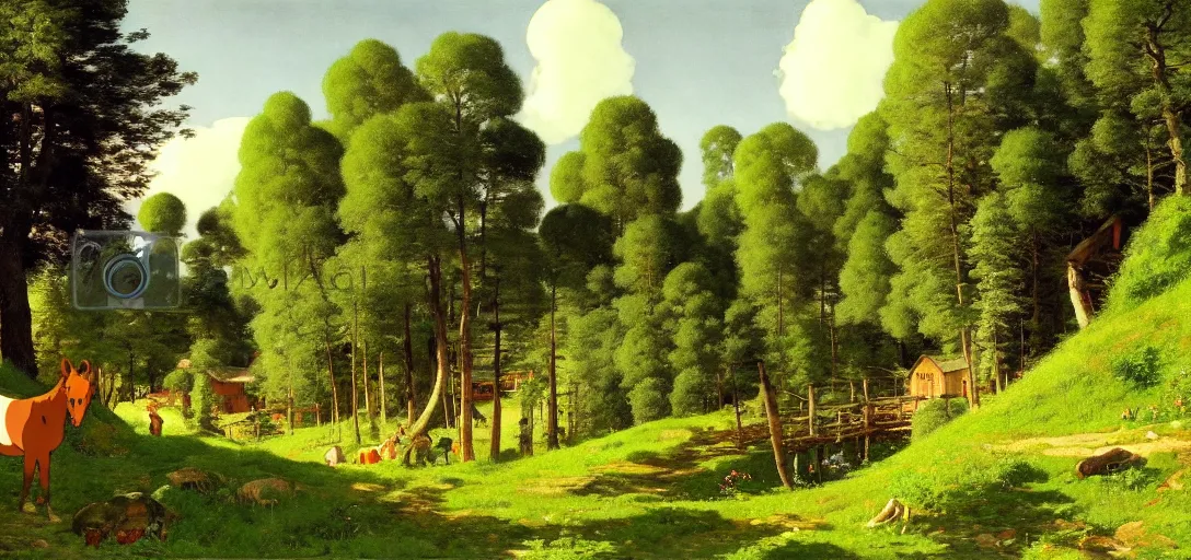 Image similar to ghibli illustrated background of strikingly beautiful swedish farm, the feales and forests in the background by vasily polenov, eugene von guerard, ivan shishkin, albert edelfelt, john singer sargent, albert bierstadt 4 k