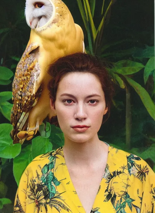 Image similar to grainy head to shoulder portrait Polaroid film photograph of an elegant top model wearing a yellow kimono with a very detailed barn owl on her shoulder!!! in a tropical greenhouse. looking at the camera!!. super resolution. Extremely detailed. Polaroid 600 film. art by Rineke Dijkstraand Annie Leibovitz.