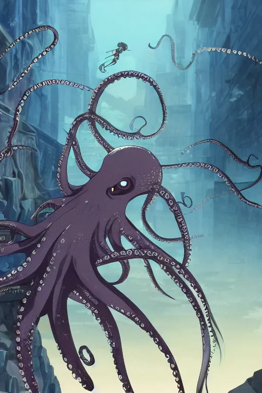 Image similar to key anime visuals of an octopus ninja, fighting with a katana. highly detailed, intricate, directed by makoto shinkai, anime manga style, trending on art station.