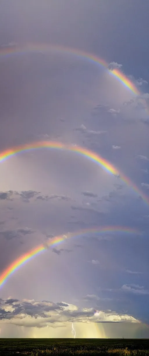 Image similar to storm filled sky with rainbow lightning, rainbow, rainbow lightning, dark clouds, open field, dark, colorful