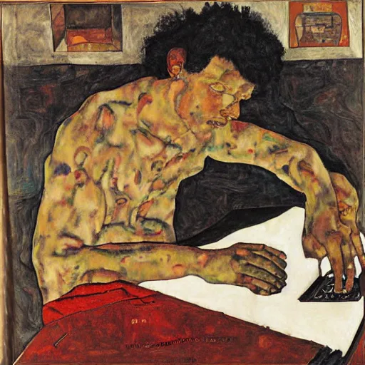 Image similar to Moodymann browsing a crate of records, oil on canvas, by Egon Schiele