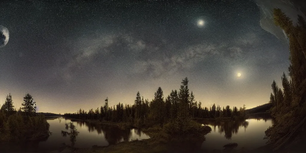 Prompt: a detailed beautiful matte painting of a forested river valley under a starry night sky, moon reflecting on water, by Mikko Lagerstedt and Raphael Lacoste, fisheye lens