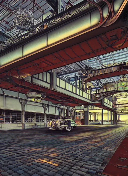 Image similar to photorealistic image of a retro futuristic industrial architecture, art nouveau, by chris moore