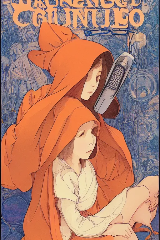 Image similar to a Girl in a large hood crouching on the ground ,orange slices,album,Microphone,Visual Communication Design by studio ghibli and mucha ,Refreshing colour