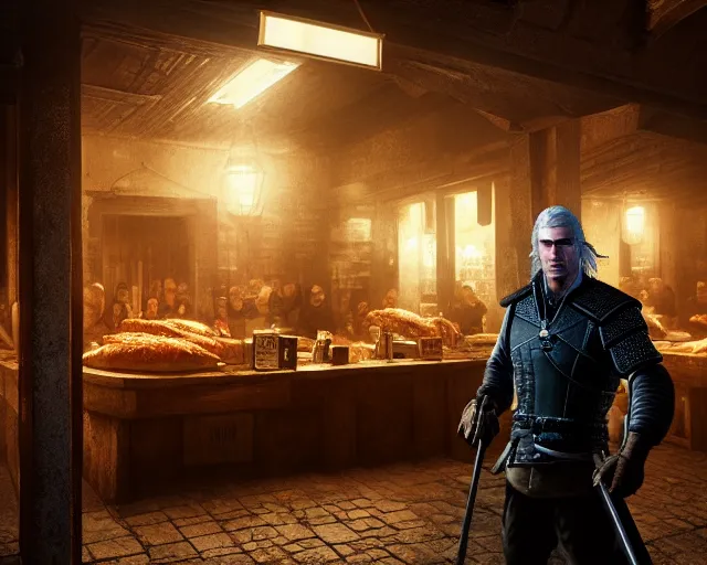 Image similar to 5 5 mm portrait photo of geralt of rivia serving doner kebab, in kaer morhen. dark atmosphere. art by greg rutkowski. highly detailed 8 k. intricate. lifelike. soft light. nikon d 8 5 0.