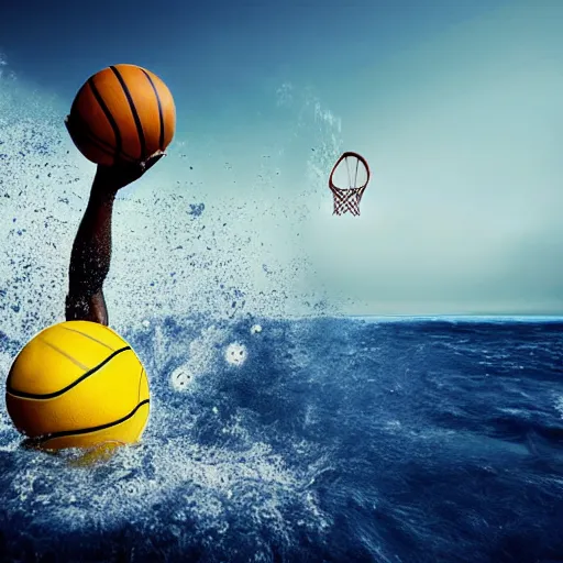 Prompt: a basketball player with yellow shirt catching a ball in the middle of the ocean, splash everywhere, freeze time, detailed, volumetric light, 4 k, dynamic movement, shot with flash, strobist, digital art, dramatic, sharp focus, by annie leibovitz