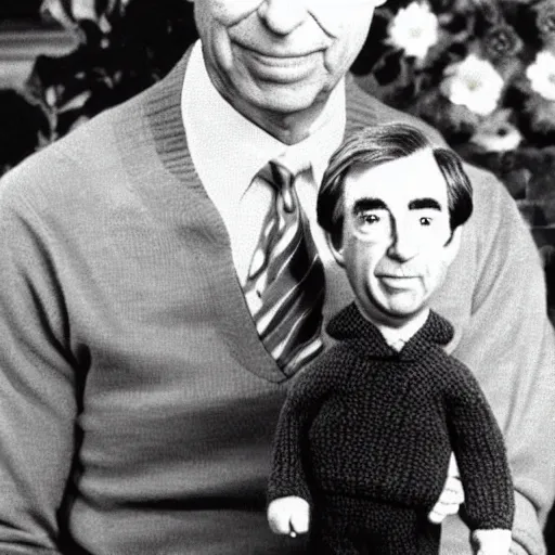 Prompt: mr. rogers proudly displaying a smaller mr. rogers made of octopus, color 1 9 7 0 s photo