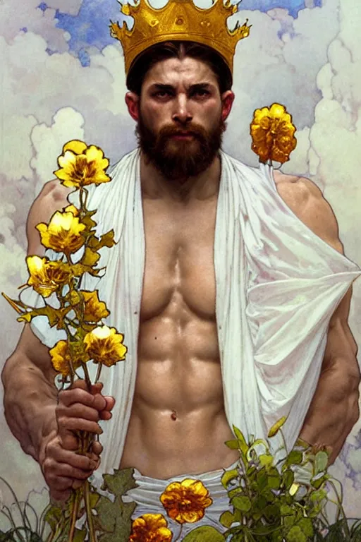 Prompt: a god wearing white clothes and golden crown, muscular, flowers, amazing, tarot art, painting by greg rutkowski and alphonse mucha