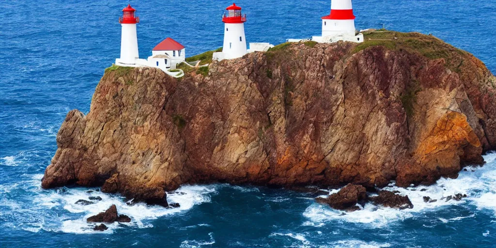 Prompt: coastal ocean setting rocky cliffs, foaming waves, brightly colored houses built on the cliff outcrops, a lighthouse marks the edge of the rocky point, highly detailed matte painting