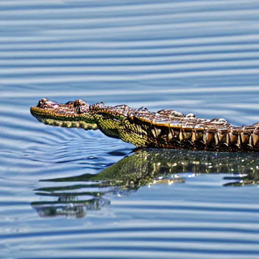 Prompt: a transparent alligator, aluminum, in the water, eclipsed sun, bright red horizon