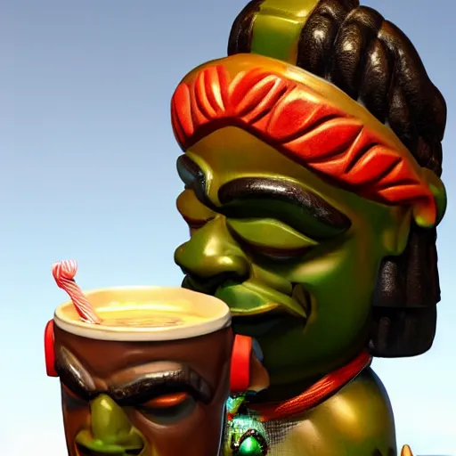 Image similar to a photorealistic photograph of a Trader Vic's tiki mug featuring Snoop Dogg at a Tiki bar - Trending on Artstation, featured on Behance, well-rendered, Unreal Engine, 4K HD