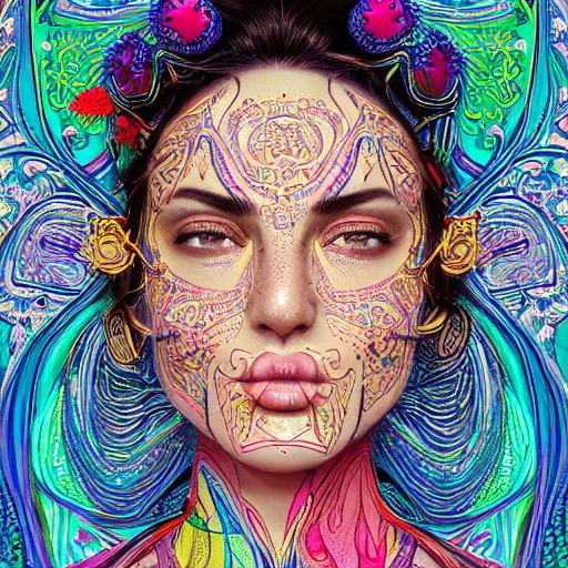 Prompt: the face of a ridiculously beautiful and pretty arab woman partially made of onion rings of all colors looking down, an ultrafine detailed illustration by james jean, final fantasy, intricate linework, bright colors, behance contest winner, vanitas, angular, altermodern, unreal engine 5 highly rendered, global illumination, radiant light, detailed and intricate environment