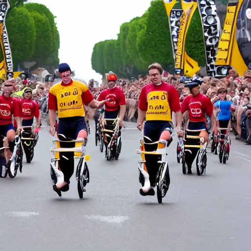 Image similar to sports photo of troupe of clowns on unicycles in a bunch sprint at tour de france