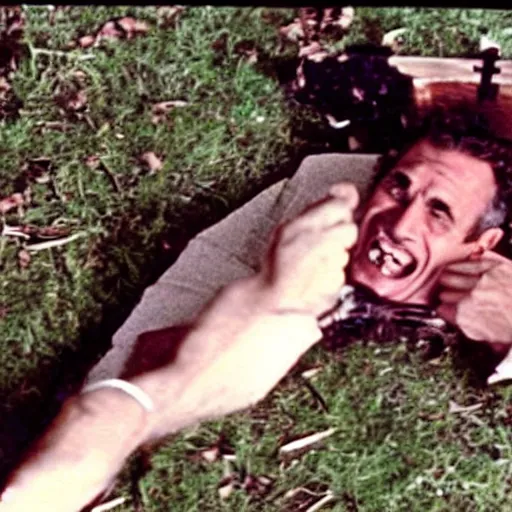 Image similar to Jordan Peterson laying in an open grave with a cross made of broken wood. He’s laughing. Photograph from horror movie 1980s.