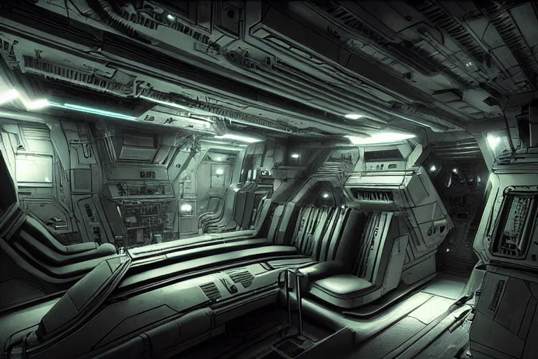 Prompt: Nostromo spaceship interior from ((Alien)) by HR Giger, highly detailed intricate interior design, sharp focus, smooth, 4k, octane render, dark ambient lighting, digital painting, artstation