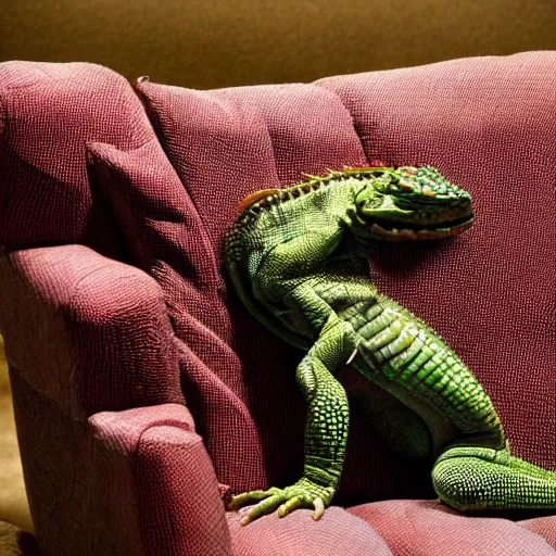 Prompt: humanoid reptile sitting on a couch, National Geographic photo, coherent like Dall-E 2