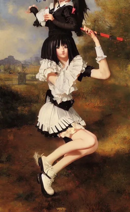 Prompt: school girl in gothic dress dancing, school uniform, seifuku, pleated miniskirt, overknee socks, battle angel alita. by rembrandt 1 6 6 7, illustration, by konstantin razumov