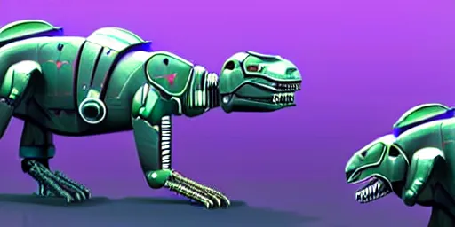 Prompt: a character art rendering of a robot T-rex made of mechanical parts, cartoonish psychedelic paleoart rendering, realistic dinosaur cyborg in the style of simon stålenhag, made with zbrush