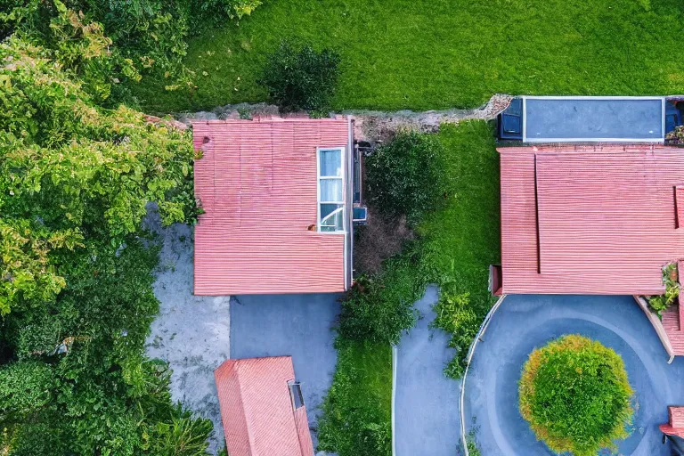 Prompt: looking down on a house from a drone