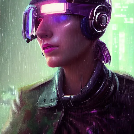 Prompt: very detailed masterpiece painting of a very beautiful wet young cyberpunk woman with a visor, dark purple hair and cybernetics, cyberpunk background, retrowave lighting, raining, closeup, portrait, artstation, concept art by greg rutkowski