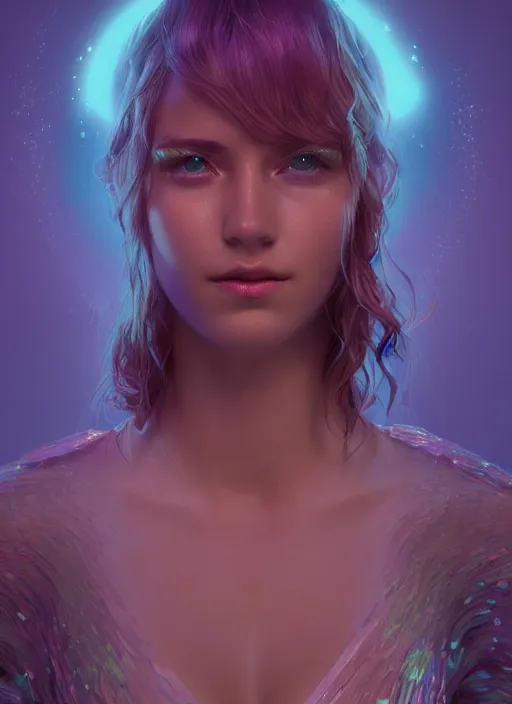 Image similar to glowwave girl portrait, hyper detailed, 3 / 4 shot, digital art, trending in artstation, cinematic lighting, studio quality, smooth render, unreal engine 5 rendered, octane rendered, art style by klimt and nixeu and ian sprigger and wlop and krenz cushart, negative space