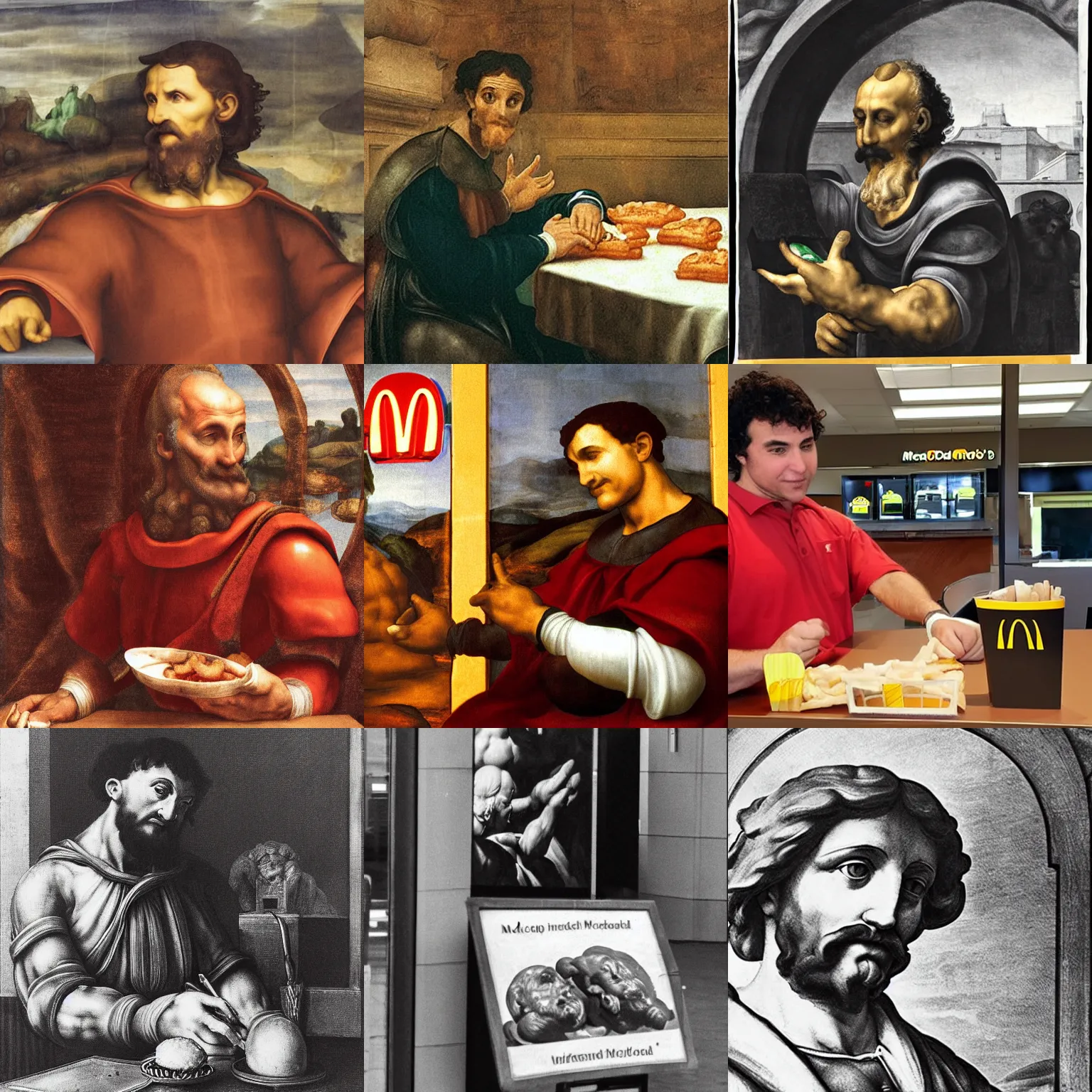 Prompt: photograph of michaelangelo\'s david working at a mcdonalds