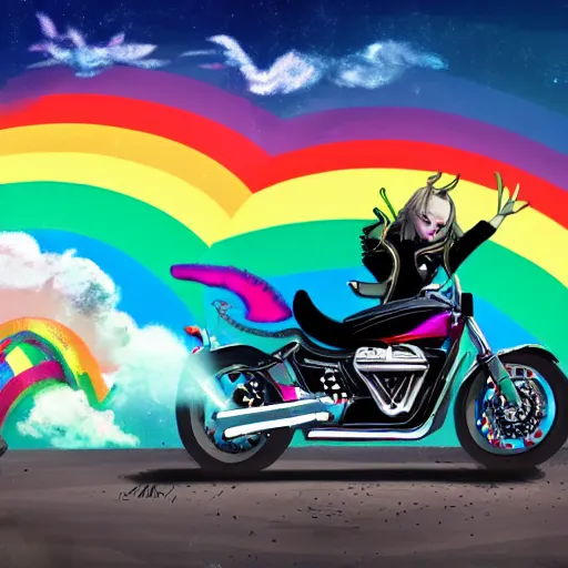 Image similar to wide angle full body, jacket wearing fluffy cute rainbow kitten wearing a black leather motorcycle jacket, riding on a motorcycle, cinematic concept art