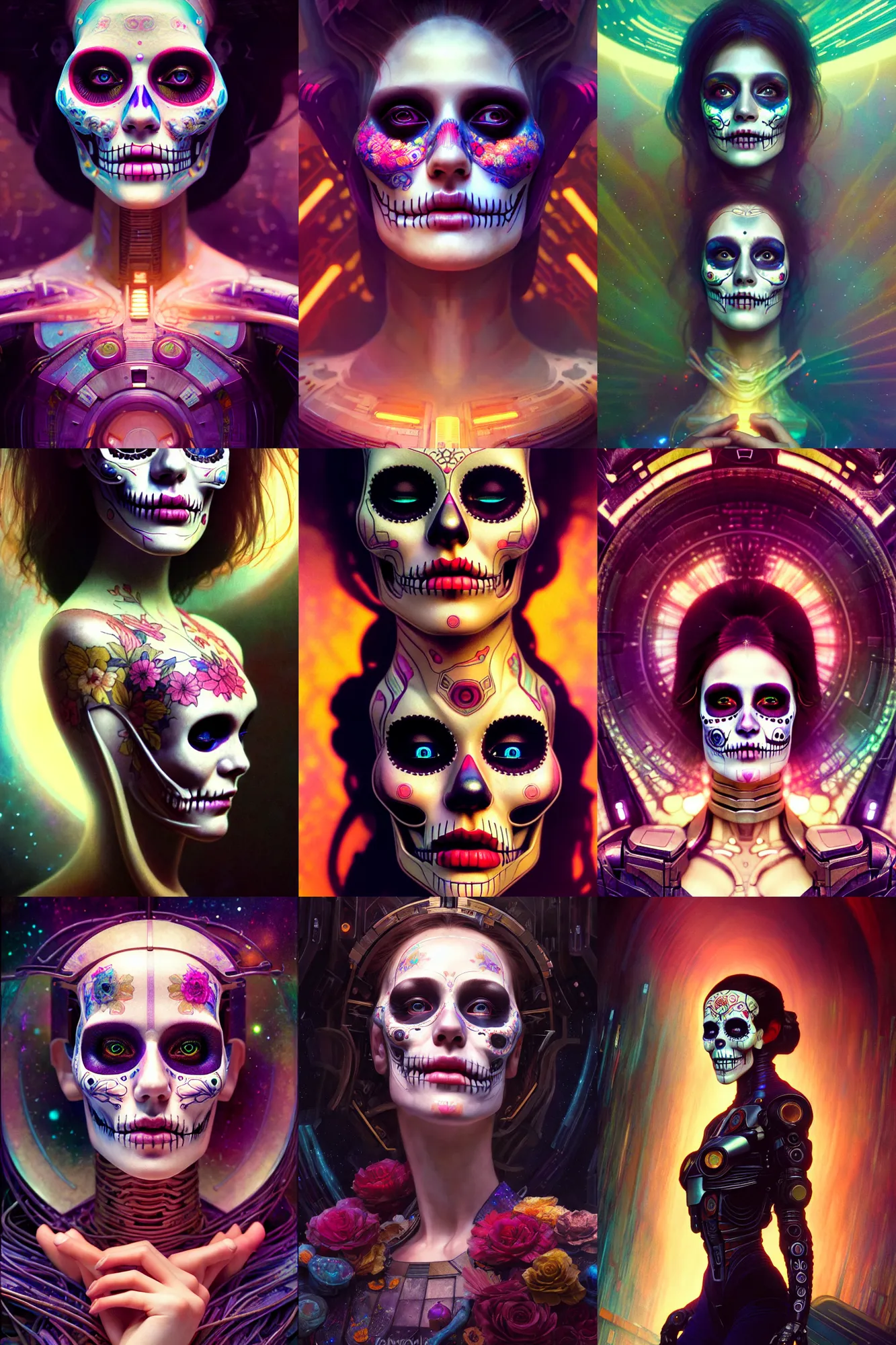 Prompt: beautiful dreaming android! woman. ecstatic portrait, cinestill, blade runner, photorealistic, interstellar, intricate detailed environment. ( el dia los muertos ), 8 k, hd. photo by terry o'neil and artgerm and pollock and greg rutkowski and alphonse mucha and loish and wlop