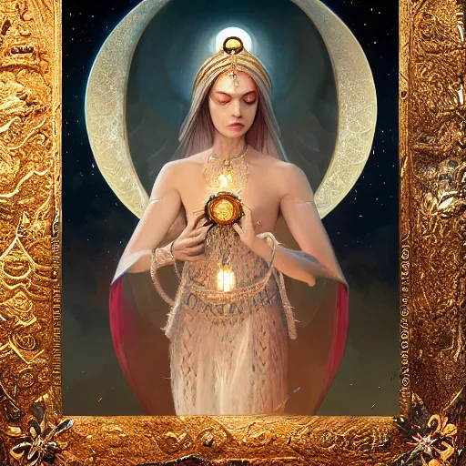 Image similar to A beautiful digital painting of a female Seraphim full of jewels, princess, the moon behind her, intricate, cinematic lighting, highly detailed, digital painting, Artstation, concept art, smooth, sharp focus, illustration, art by Tom Bagshaw, Artgerm and Greg Rutkowski