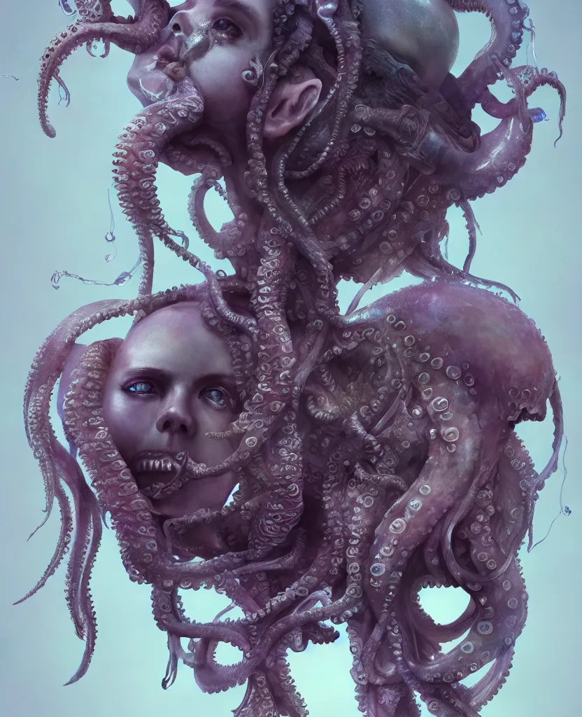 Image similar to goddess close - up portrait human skeleton, ram skull, octopus, jellyfish, orchid, betta fish, bioluminiscent, intricate artwork by tooth wu and wlop and beeple. octane render, trending on artstation, greg rutkowski very coherent symmetrical artwork. cinematic, hyper realism, high detail, octane render, 8 k