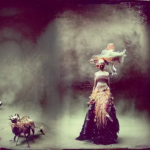 Image similar to damaged kodak portra 4 0 0, wetplate, photo of a surreal artsy dream scene,, very beautiful model, weird fashion, grotesque, extravagant dress, strange pose, carneval, with an animal, wtf, photographed by paolo roversi style