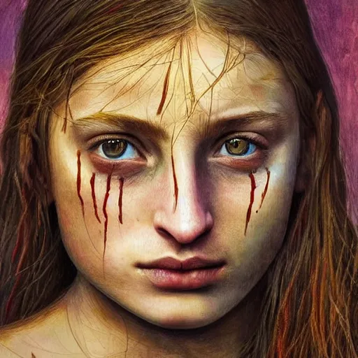 Prompt: sophie turner as the eyes of sharbat gula, artstation hall of fame gallery, editors choice, # 1 digital painting of all time, most beautiful image ever created, emotionally evocative, greatest art ever made, lifetime achievement magnum opus masterpiece, the most amazing breathtaking image with the deepest message ever painted, a thing of beauty beyond imagination or words