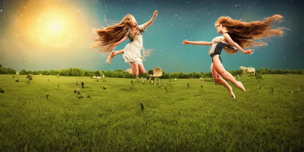 Prompt: pretty girl, wide open field, jumping, flying hair, mushrooms, vegetation, trees, moonlight, old farm